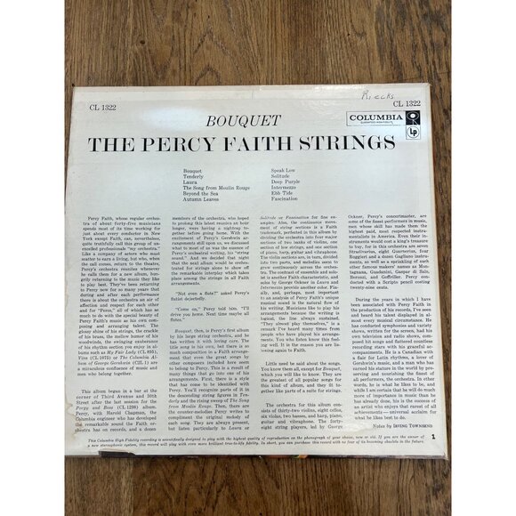 The Percy Faith Strings "Bouquet" Columbia CL 1322 Vinyl LP Record Album - Picture 5 of 6